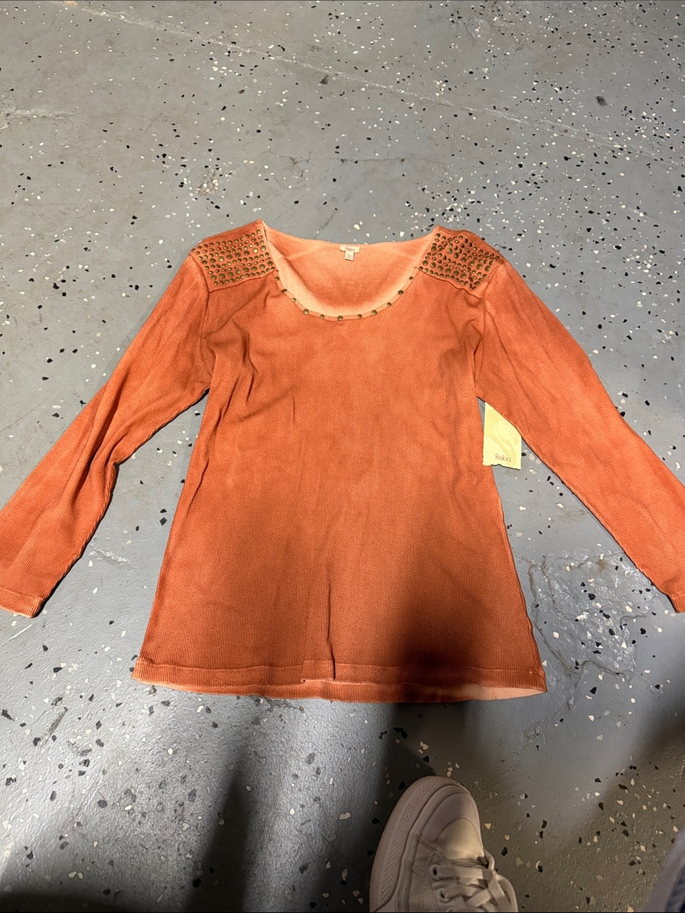 Reba Rust Orange Long Sleeve Top with Studded Shoulders